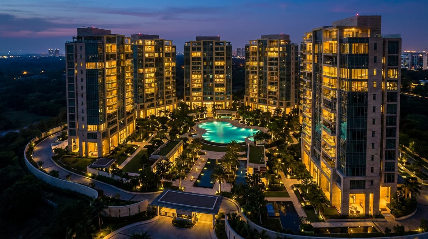 Aerial view of a residential society at dusk