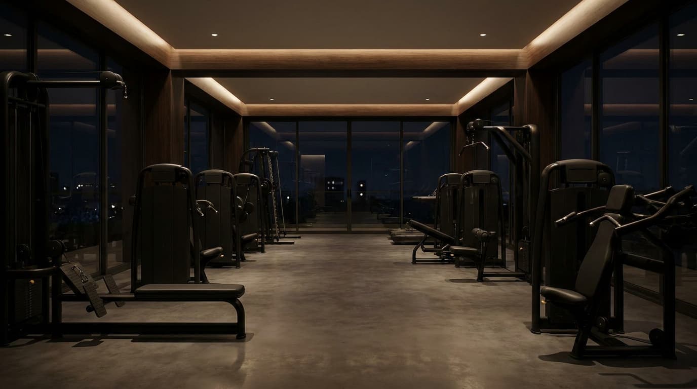 A society clubhouse gym at night